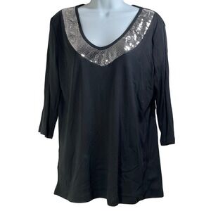 Plus Black V Neck 3/4 Sleeve Sequins Embellished Top Size 2X vamp goth romantic